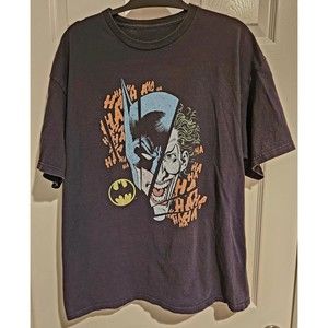 Vintage DC Batman Joker 'Broken Visage' Logo Large Print Black T-Shirt Size L
